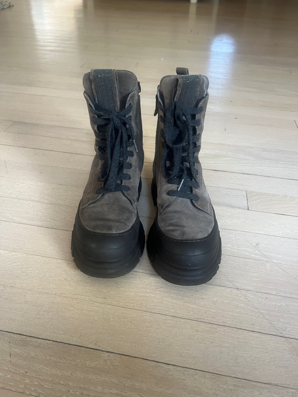 Brunello Cucinelli black/brown Suede Platform Lace-Up Boots
